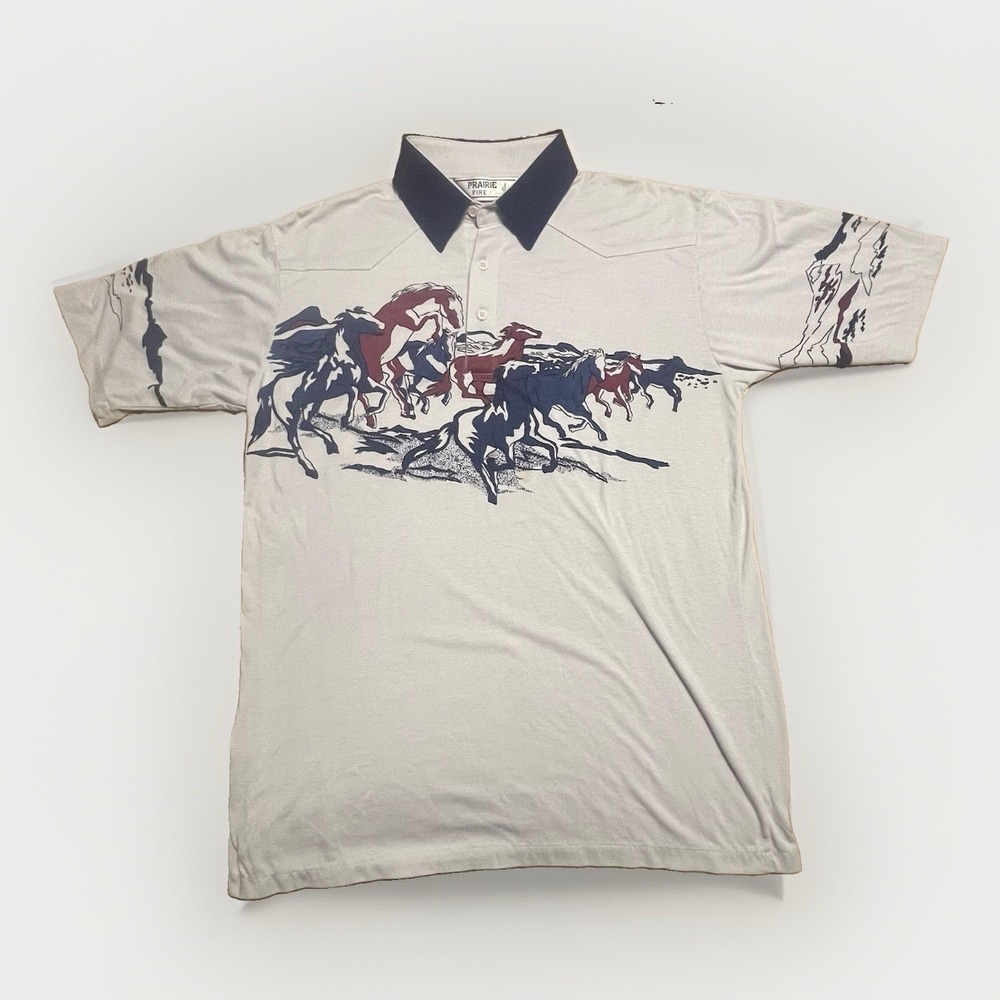 Vintage Prairie Fire Wild Horses Graphic Polo Shirt Size L Single Stitch Western